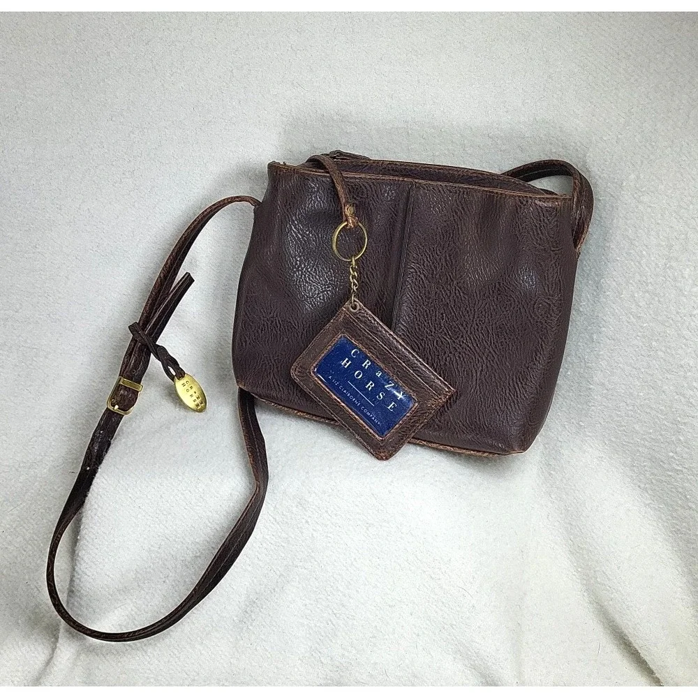 Crazy Horse Cross Body Bag Purse Wallet Faux Leather Brown Gold Western Keychain